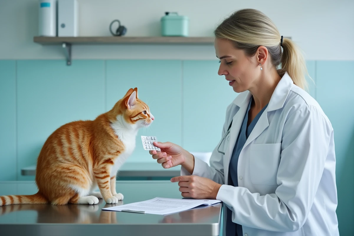 Vétérinaire examinant un chat et présentant une pilule contraceptive pour chat dans une clinique vétérinaire professionnelle