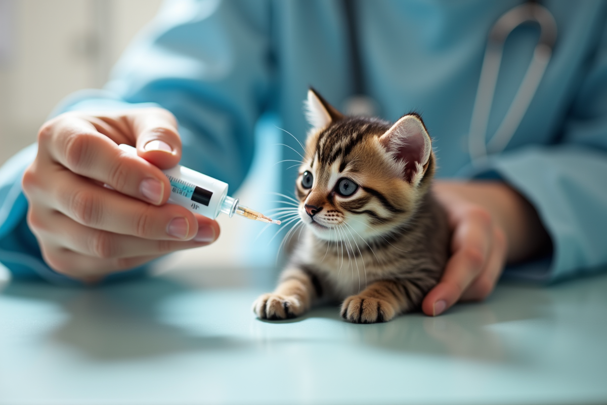 Vétérinaire donnant une seringue de réhydratation à un chaton tacheté en milieu clinique