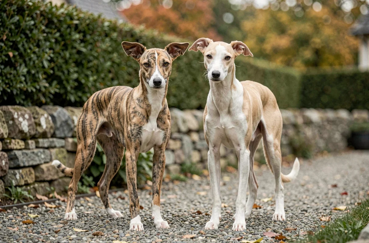Deux Whippets élégants dans le jardin de l'élevage de Roazhon à Gévezé en Ille-et-Vilaine